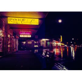 Night scene looking east down Brisbane Street from top of town, Ipswich, 1970