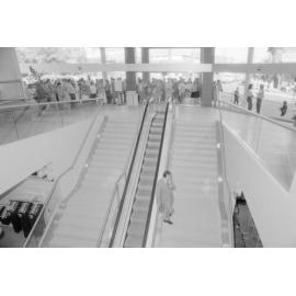 Staff on stairs at opening of McDonnell & East, corner Brisbane and Ellenborough Streets, Ipswich, 1987