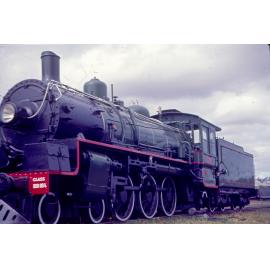 Restored steam locomotive at North Ipswich Railway Workshops, prior to relocation to Queensland Railways Locomotive Museum at Redbank, c.1970