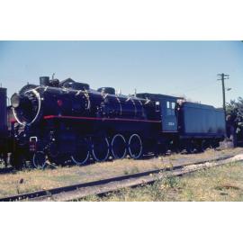 Restored steam locomotive at North Ipswich Railway Workshops, prior to relocation to Queensland Railways Locomotive Museum at Redbank, c.1970
