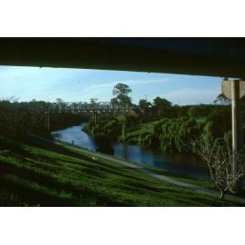 View towards Bremer River Rail Bridge, from under David Trumpy Bridge, Ipswich, c.1970