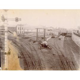View towards Nicholas Street Railway Bridge, along railway line, Ipswich, 1890s