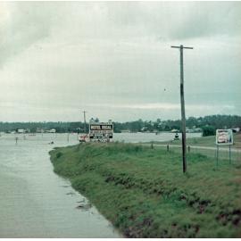 View from railway overbridge of floods, Goodna, Ipswich, 1974