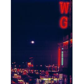 Wintergarden Theatre neon sign lit up at night, Ipswich, 1970