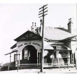One Mile Hotel undergoing renovations, West Ipswich, early 1900s