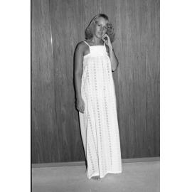 Reid's Department Store model in eyelet lace nightdress, Ipswich, January 1978