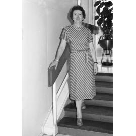 Reid's Department Store model in striped dress, Ipswich, January 1978
