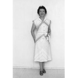 Reid's Department Store model in chevron dress, Ipswich, January 1978