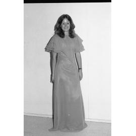 Reid's Department Store model in chiffon maxi dress, Ipswich, January 1978