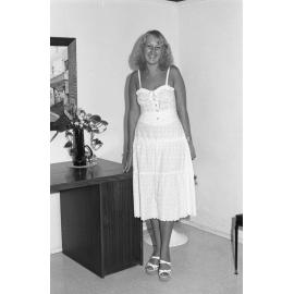 Reid's Department Store model in eyelet lace dress, Ipswich, January 1978