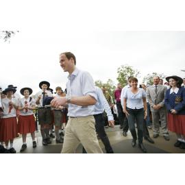 William, Prince of Wales at West Moreton Anglican College, Karrabin, Ipswich, 2011 with Paul Pisasale and Anna Bligh and other dignitaries meeting students, teachers and flood victims 