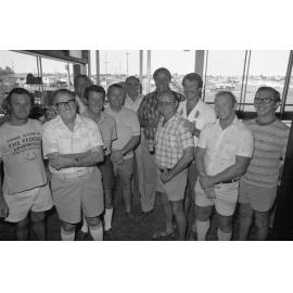 John Cleary with unidentified men inside at the Ipswich Turf Club, Bundamba, Ipswich Queensland, January 1978