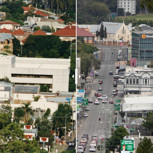 View of Limestone Street from Lion's lookout, Queen's park, Ipswich, 1998 and 2023