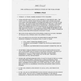 Norman J. Rule, profile for Australia Day Ipswich Citizen of the Year Award, 1998