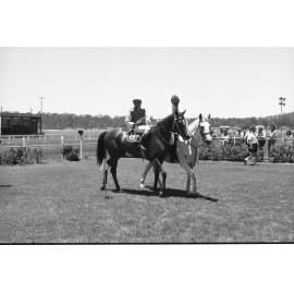 Two identified jockeys at Ipswich Turf Club, Ipswich, Queensland, February 1978 