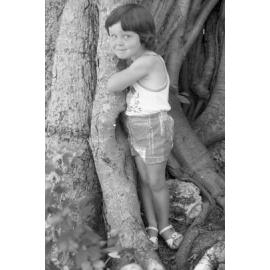 Unidentified child standing at the base of a large Moreton Bay fig tree in Queens Park, Ipswich, February 1978