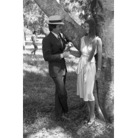 Unidentified man and woman posing for a Valentine's Day photo series in Queens Park, Ipswich, February 1978