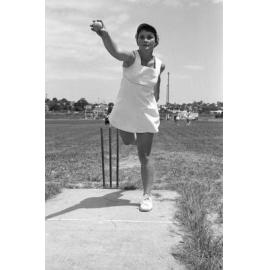 Unidentified vigoro player bowling, Ipswich, Queensland, February 1978