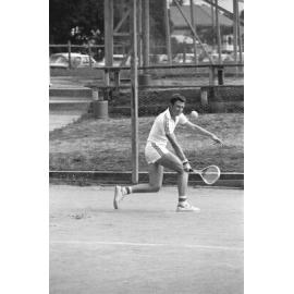 Unidentified tennis player in stripes, Ipswich, Queensland, February 1978