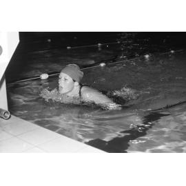 Unidentified female swimmer with nose plug, Ipswich, Queensland, February 1978