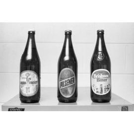Bottles of Carlton Draught, Pilsener, and Brisbane Bitter drinks photographed for advertisements in the Queensland Times, Ipswich, Queensland, February 1978
