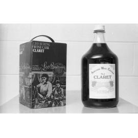 A cask of Leo Buring claret with a bottle of Adelaide Wine Cellars claret, photographed for advertisements in the Queensland Times, Ipswich, Queensland, February 1978