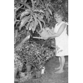 Unidentified woman, member of the Bucket Brigade, watering a garden with a watering can, Ipswich, 13th February 1978
