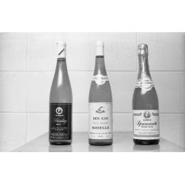 Bottles of Hardy's Reisling, Ben Ean Moselle, and Hardy's Spumante, photographed for advertisements in the Queensland Times, Ipswich, Queensland, February 1978