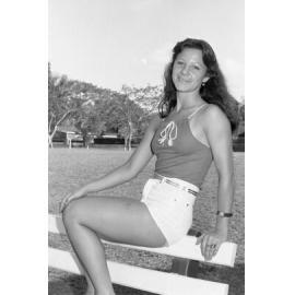 Christine Nunn on a bench at Queens Park, Ipswich, November 1977
