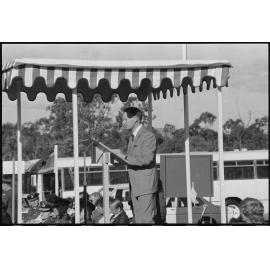 Unidentified person making a speech at the RAAF Base, Amberley, July 1985