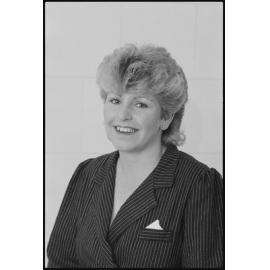 Unidentified woman in pinstripe blazer, Ipswich, July 1985