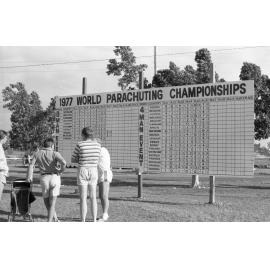 Scoreboard at the Formation Skydiving World Championships, Gatton, November 1977