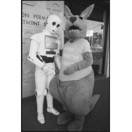 Prime Computer mascot and Katie Kangaroo, mascot for Ipswich & West Moreton Building Society, Ipswich, July 1985