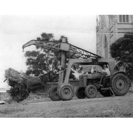 Machine used during construction work being carried out at front of St Mary's Catholic Church, Ipswich, 1953-1954