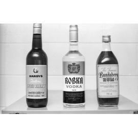 Bottles of Hardy's Sweet Sherry, Robka Vodka, and Bundaberg Rum, photographed for advertisements in the Queensland Times, Ipswich, Queensland, February 1978