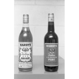 Bottles of Hardy's label port and brandy photographed for advertisements in the Queensland Times, Ipswich, Queensland, February 1978