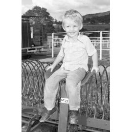 Unidentified little boy sitting on a horse-drawn dump rake for sale at an unidentified horse event, Ipswich, February 1978