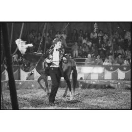 Unidentified horse handler and horse at circus act, Ipswich, July 1985