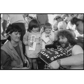 TV presenter Michael 'Gibbo' Gibson, at an event held in Queens Park, Ipswich, July 1985