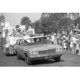 Reid's Early Bird mascot riding the Reid's Department Store Float in the Ipswich Colour Festival Parade, Ipswich, September 1980