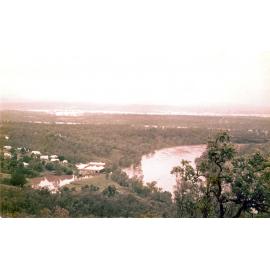 Towards Ipswich, over Pumping Station at Mt Crosby during flood, Ipswich, 1974