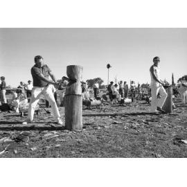 Men participating in a wood chopping competition at the Marburg Show, Marburg, Ipswich, April 1978
