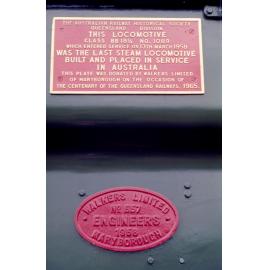 Plaque on side of locomotive, last steam locomotive built in Australia, Ipswich Railway Workshops, North Ipswich, 1969