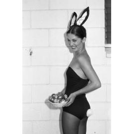 Easter Bunny with a basket of chocolate Easter Eggs, Ipswich, March 1978