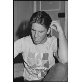 Unidentified man wearing a Neil Young tour shirt from 1985, Ipswich, January 1986