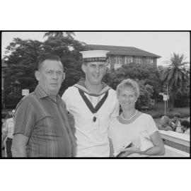 Sailor Darren Harkins with his parents John and Joy Harkins, commemorating the 'HMAS Ipswich' receiving the 'Freedom of Entry to the City', Ipswich, January 1986