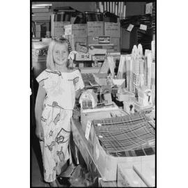 Unidentified child in a stationery shop possibly for back to school, Ipswich, 1986 