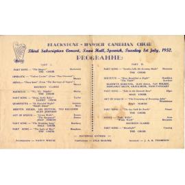 Programme for Blackstone-Ipswich Cambrian Choir Third Subscription Concert, held at the Ipswich Town Hall, July 1952