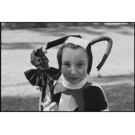 Unidentified child dressed up as a jester, Ipswich, July 1985