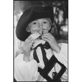 Unidentified child dressed up as a swordsman character, Ipswich, July 1985